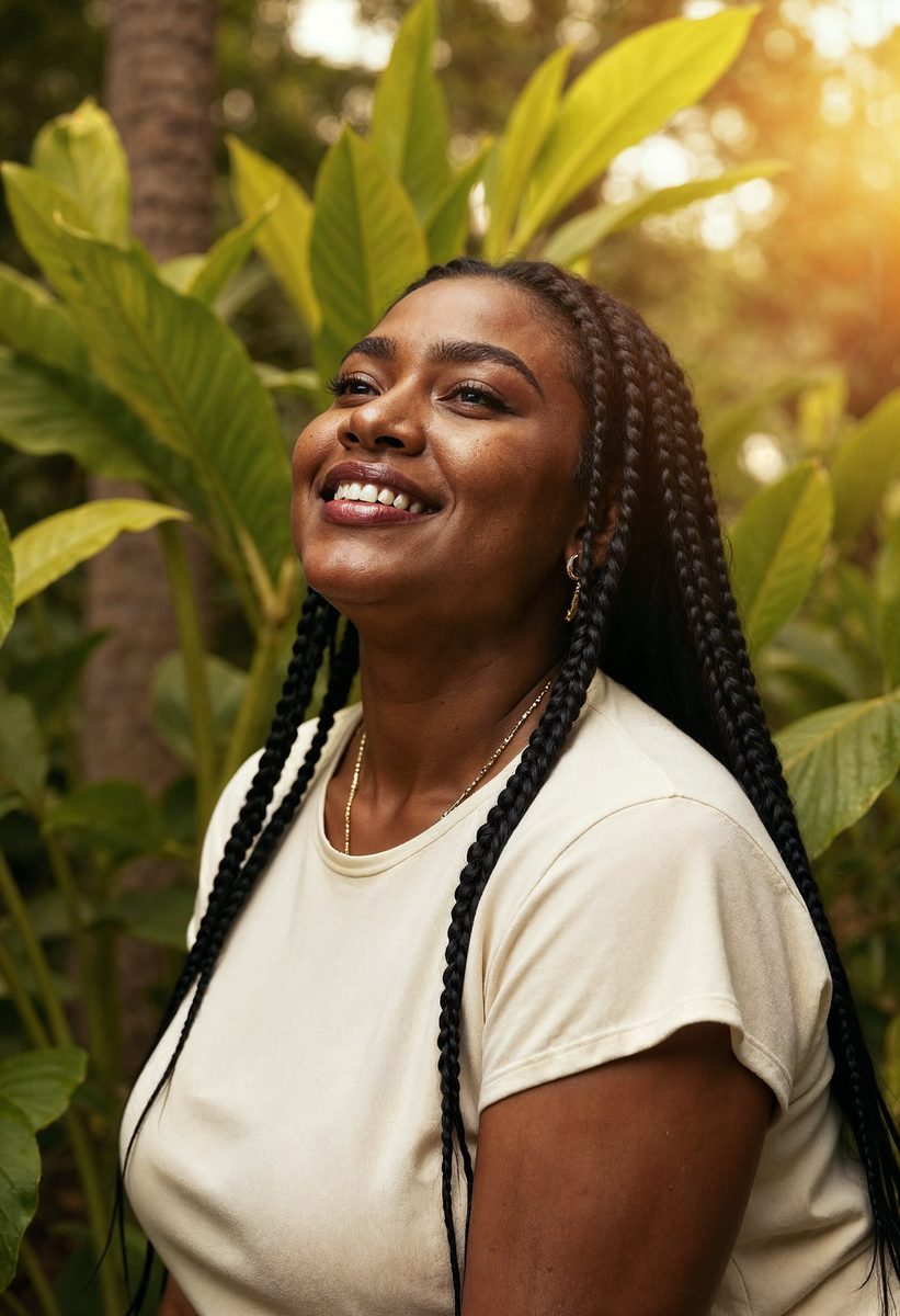 A woman with braids smiling outdoors among green leaves